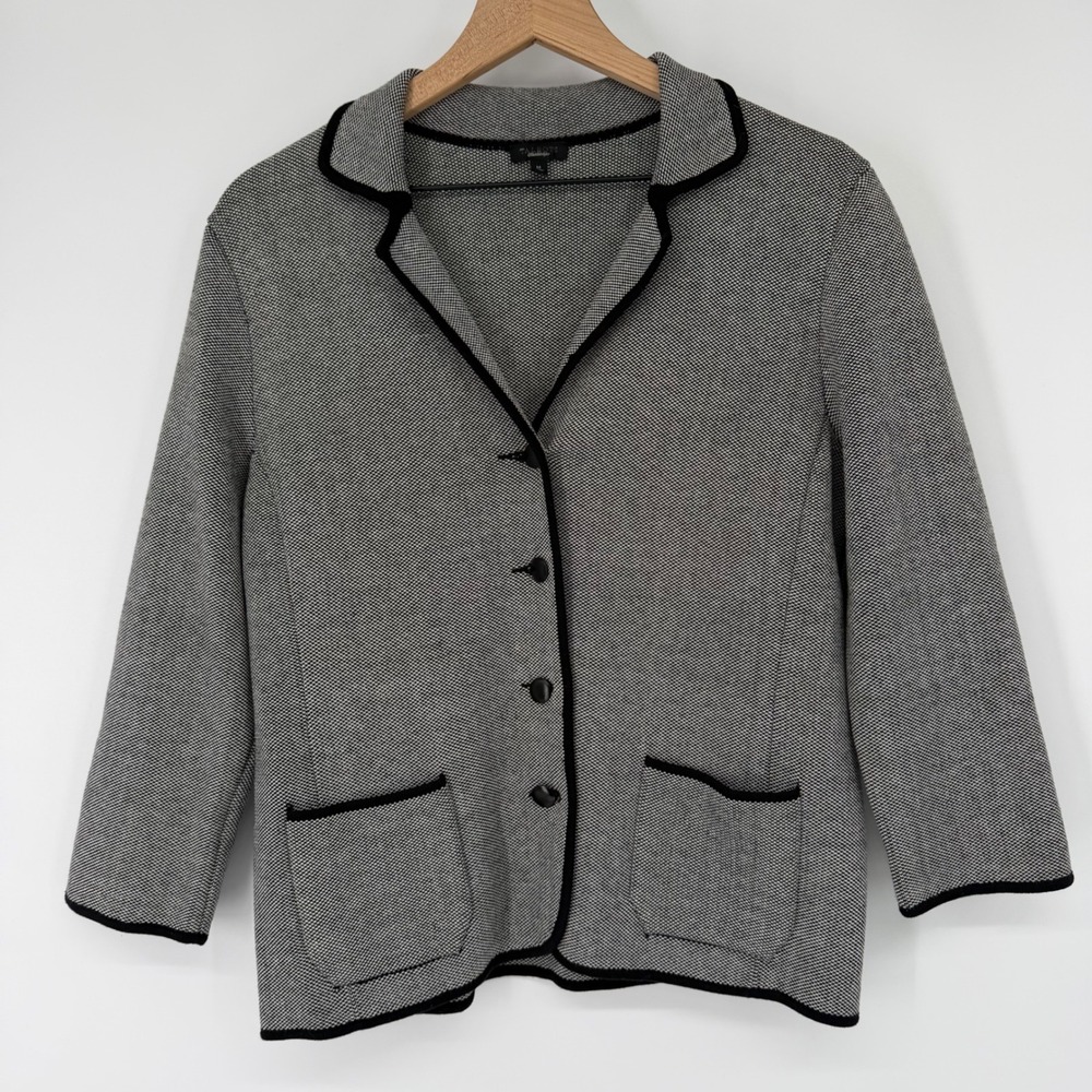 Talbots Silk Cotton Birdseye Knit Jacket Blazer Black‎ White Piped Trim Medium